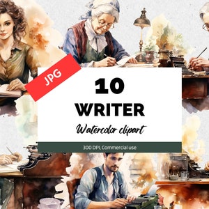 Watercolor writer clipart, 10 High Quality JPGs, Commercial use, Instant download, Author, writers, writing, novel, letters, Card making