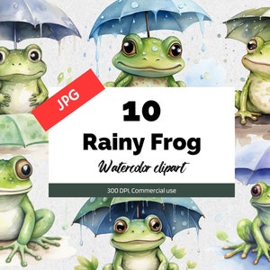 Watercolor rainy frog clipart, 10 High quality JPGs, Commercial use, Instant download, Cute animals, Raining, Kids room decor, Nursery art