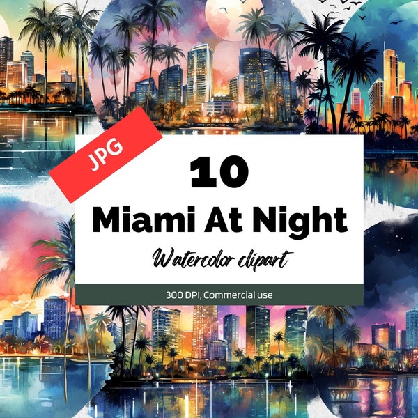 Watercolor Miami at night clipart, 10 High quality JPGs, Commercial use, Instant download, Night time, Night life, Cityscape, Cities, Travel