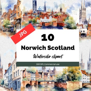 Aquarelle Norwich clipart, 10 JPG de haute qualité, Utilisation commerciale, Téléchargement instantané, Fabrication de cartes, Carte de vœux, Cartes postales, clip art de voyage