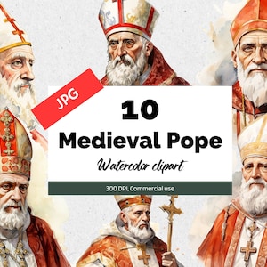 Clipart de papa medieval em aquarela, 10 JPG de alta qualidade, uso comercial, download instantâneo, Idade Média, Europa medieval, Cristianismo, Antigo