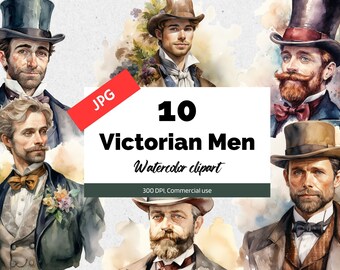 Clipart uomini dell'acquerello vittoriano, 10 JPG di alta qualità, Uso commerciale, Download istantaneo, Era vittoriana, Moda uomo vintage, Arti fantasy