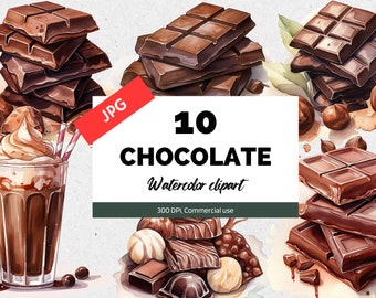 Watercolor chocolate snack clipart, 10 High quality JPGs, Commercial use, Instant download, Dessert clip art, Delicious chocolate smoothie