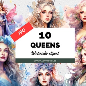 Aquarel koningin clipart, 10 hoge kwaliteit JPG's, Kaart maken, Fantasy clipart, Commercieel gebruik, Instant download, Magische mystieke koninginnen