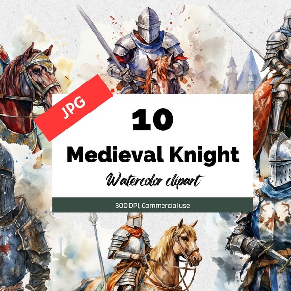 Watercolor medieval knight clipart, 10 High quality JPGs, Commercial use, Instant download, Templar armor horses, Solider, Middle ages