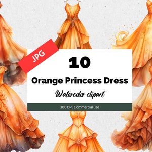 Orange princess dress clipart, 10 High quality JPGs, Commercial use, Instant download, Watercolor dress, Magical fantasy, Junk journals