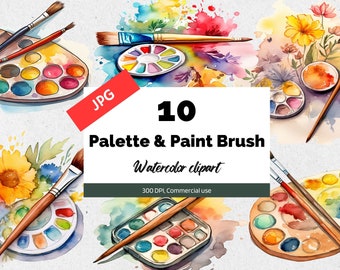Watercolor Palette and Brush clipart, 10 High quality JPG, Commercial use, Instant download, Card making, Art, Artist, Painting, Paint, Arts