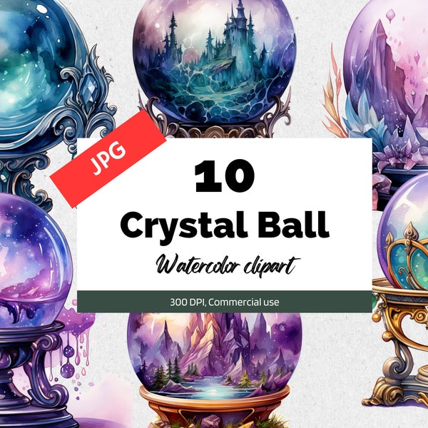 Watercolor crystal ball clipart, 10 High quality JPGs, Fantasy clip art, Magical witch cliparts, Halloween card making, Commercial use