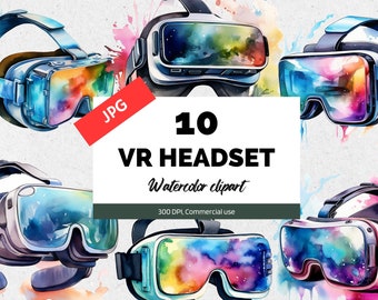 Watercolor VR headset clipart, 10 High quality JPGs, Commercial use, Instant download, Virtual reality, Technology, Future, Card making