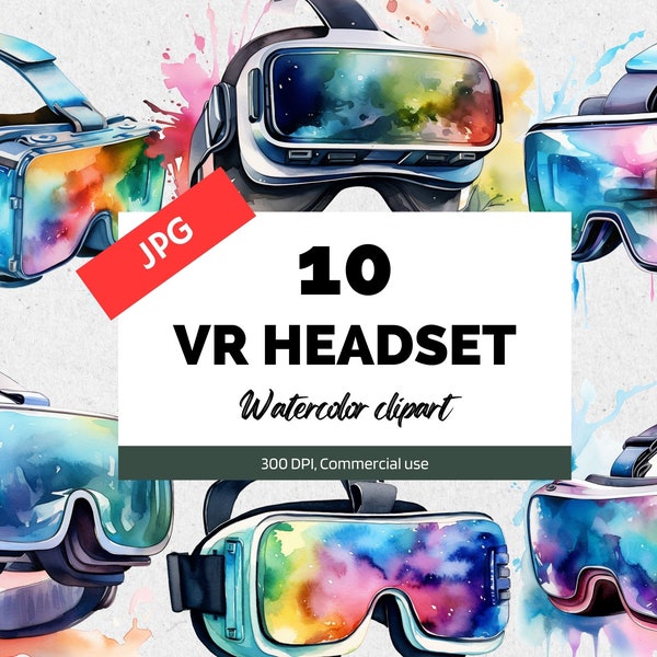 Watercolor VR headset clipart, 10 High quality JPGs, Commercial use, Instant download, Virtual reality, Technology, Future, Card making