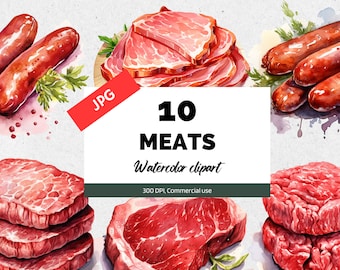 Watercolor meat clipart, 10 High quality JPGs, Commercial use, Instant download, Meats, Hotdogs, Hams, Steak, Ground beef, Food cliparts