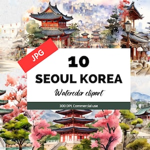Acuarela Seúl Corea imágenes prediseñadas, 10 JPG de alta calidad, viajes a Asia