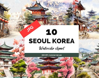 Watercolor Seoul Korea clipart, 10 High quality JPGs, Asia travel
