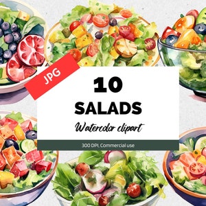 Watercolor salad clipart, 10 High quality JPGs, Commercial use, Instant download, Card making, Vegetables, Breakfast, Lunch, Healthy living