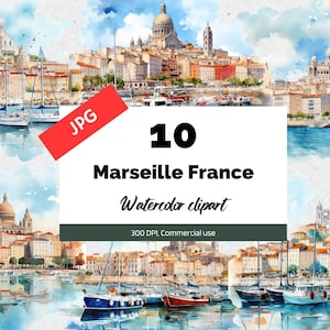 Clipart Marseille France, 10 fichiers JPG haute qualité, usage commercial, téléchargement immédiat, ville française, voyage, vacances, paysage urbain, fabrication de cartes, voyage