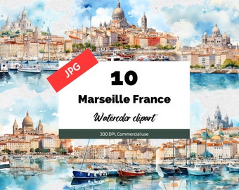 Marseille France Clipart, 10 High quality JPG, Commercial use, Instant download, French city, Travel, Vacation, Cityscape, Card making, trip