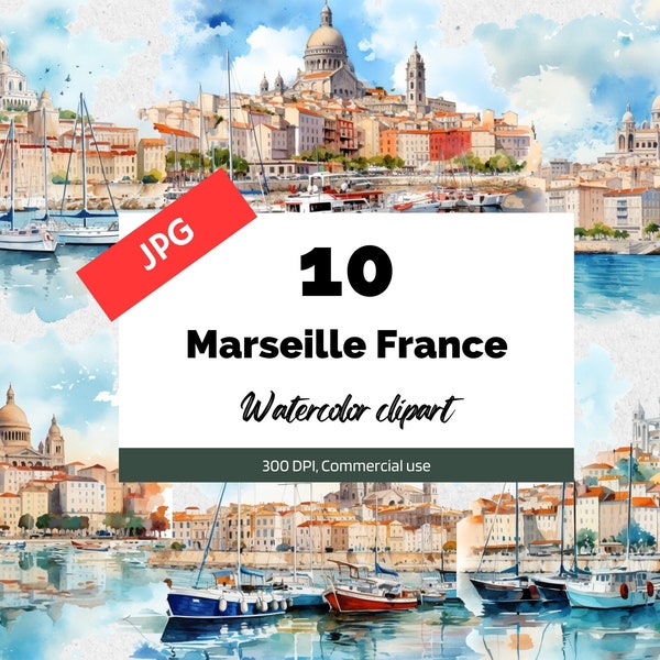 Marseille France Clipart, 10 High quality JPG, Commercial use, Instant download, French city, Travel, Vacation, Cityscape, Card making, trip