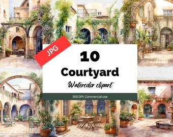 Könnte beinhalten: Ein Set mit 10 Aquarell-Illustrationen von Innenhöfen. Jede Illustration zeigt eine andere Perspektive eines Innenhofs mit Steinmauern, Bögen und üppigem Grün. Die Illustrationen sind perfekt, um jedem Projekt einen Hauch von europäischem Charme zu verleihen.