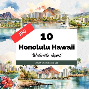 Aquarelle Honolulu, Hawaii clipart, 10 JPG de haute qualité, Utilisation commerciale, Téléchargement instantané, Hawaïen, Américain, États-Unis, Voyage, Vacances, Voyage