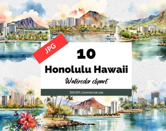 Acuarela Honolulu, imágenes prediseñadas de Hawaii, 10 JPG de alta calidad, uso comercial, descarga instantánea, hawaiano, americano, EE.UU., viajes, vacaciones, viaje