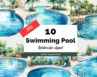 Aquarel zwembad clipart, 10 hoge kwaliteit JPG&#39;s, Commercieel gebruik, Instant download, Kaart maken, Wenskaart, Ansichtkaarten, zomer