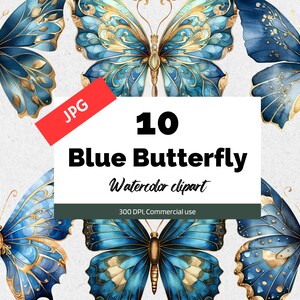 10 Blaue und goldene Schmetterling Cliparts, 10 hochwertige JPGs, Fantasy-Cliparts, kommerzielle Nutzung, Kartenherstellung, Junk-Journal, Scrapbooking-Bilder
