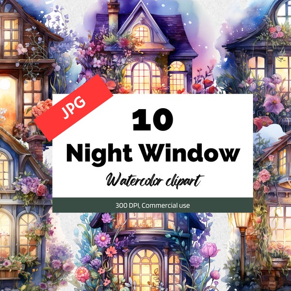 Watercolor fairytale window clipart, 10 High quality JPGs, Card making, Cottage night window, Commercial use, Instant download, Scrapbook