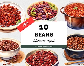 Watercolor beans clipart, 10 High quality JPGs, Commercial use, Instant download, British food, English breakfast, Red beans, Cooked food