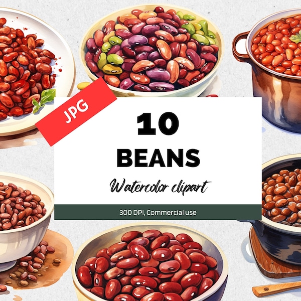 Watercolor beans clipart, 10 High quality JPGs, Commercial use, Instant download, British food, English breakfast, Red beans, Cooked food