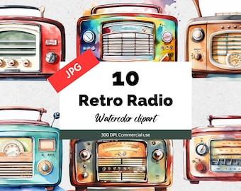 Watercolor retro radio clipart, 10 High quality JPGs, Commercial use, Instant download, Card making, Radios, Vintage, Old times, History