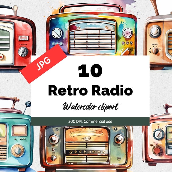 Watercolor retro radio clipart, 10 High quality JPGs, Commercial use, Instant download, Card making, Radios, Vintage, Old times, History