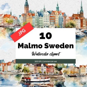 Clipart Malmö Suède, 10 fichiers JPG de haute qualité, usage commercial, téléchargement immédiat, ville suédoise, voyage, vacances, paysage urbain, fabrication de cartes, voyage