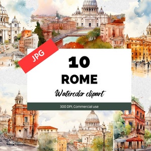 Watercolor Rome clipart, 10 High quality JPGs, Commercial use, Instant download, Italy travel, Summer vacation, Greeting card, Card making