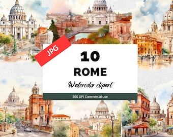 Watercolor Rome clipart, 10 High quality JPGs, Commercial use, Instant download, Italy travel, Summer vacation, Greeting card, Card making