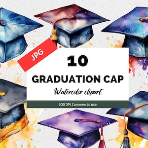 Watercolor graduation cap clipart, 10 High quality JPG, Commercial use, Instant download, Graduate, College, University, Highschool, Student