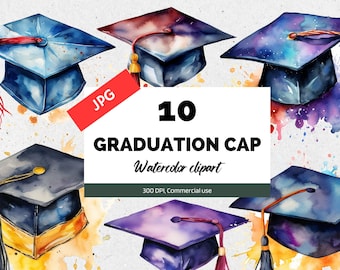 Watercolor graduation cap clipart, 10 High quality JPG, Commercial use, Instant download, Graduate, College, University, Highschool, Student