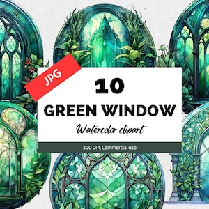 Op de afbeelding: Tien aquarel illustraties van groene glas-in-loodramen met ingewikkelde ontwerpen. Elk raam is omlijst door een bladerrijke boog en geplaatst tegen een witte achtergrond. De tekst "10 GREEN WINDOW Watercolor clipart 300 DPI, Commercial use" wordt onder de ramen weergegeven.