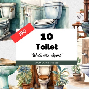 Aquarel toilet clipart, 10 hoge kwaliteit JPG's, Commercieel gebruik, Instant download, Kaart maken, Wenskaart, Ansichtkaarten, badkamer, wasruimte