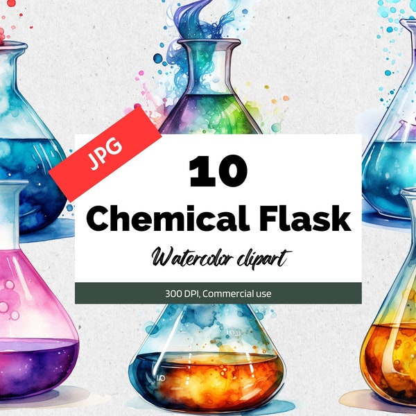 Watercolor chemical flask clipart, 10 High quality JPGs, Commercial use, Instant download, Chemistry, Science, Biology, Scientists, School