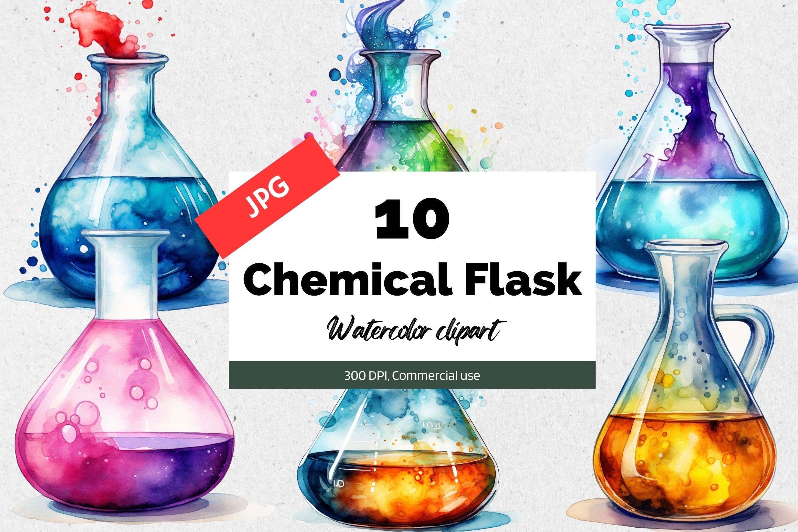 Watercolor chemical flask clipart, 10 High quality JPGs, Commercial use, Instant download, Chemistry, Science, Biology, Scientists, School