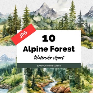 Aquarell Clipart, 10 hochwertige JPGs, kommerzielle Nutzung, Sofort-Download, Kartengestaltung, Natur, Bäume, Berge, Postkarten