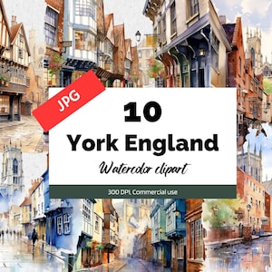 Clipart aquarela York Inglaterra, 10 JPGs de alta qualidade, uso comercial, download instantâneo, criação de cartões, cartões comemorativos, cartões postais, paisagens de cidades