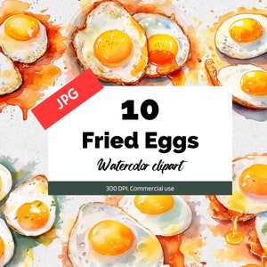 Imágenes Prediseñadas de huevos fritos de acuarela, 10 JPG de alta calidad, Uso comercial, Descarga instantánea, Desayuno, Almuerzo, Huevo, Nutrición, Receta de libro de cocina