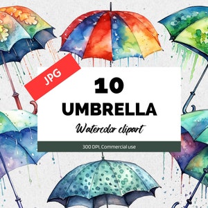 Watercolor umbrella clipart, 10 High quality JPG, Commercial use, Instant download, Rainy clip art, Raining weather, Travel, Summer vacation