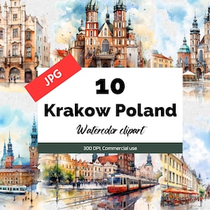 Acuarela Cracovia Polonia clipart, 10 JPG de alta calidad, Uso comercial, Descarga instantánea, Fabricación de tarjetas, Tarjeta de felicitación, Postales, Ciudad polaca