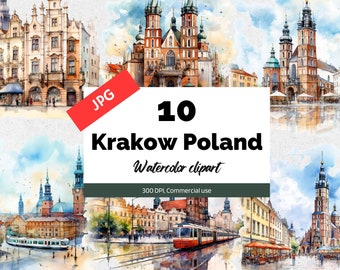 Watercolor Krakow Poland clipart, 10 High quality JPGs, Commercial use, Instant download, Card making, Greeting card, Postcards, Polish city