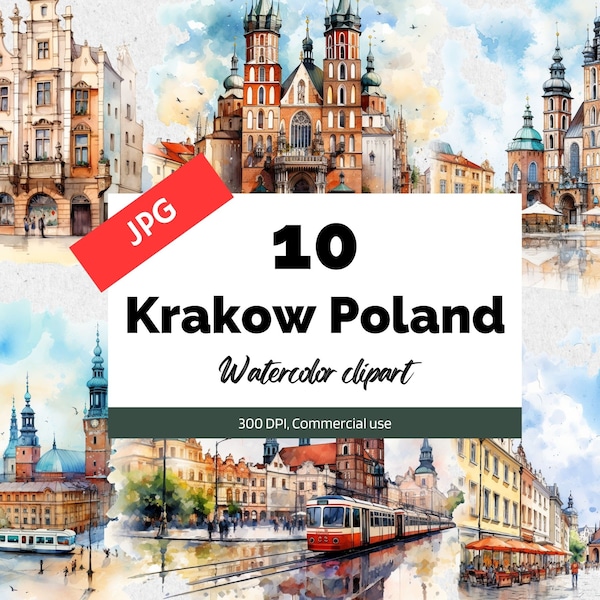 Watercolor Krakow Poland clipart, 10 High quality JPGs, Commercial use, Instant download, Card making, Greeting card, Postcards, Polish city