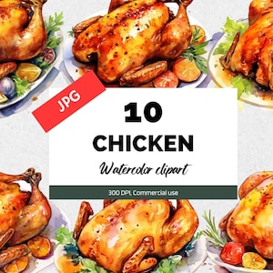 Imágenes prediseñadas de pollo de acción de gracias de acuarela, 10 JPG de alta calidad, uso comercial, descarga instantánea, pollo asado, libro de cocina de aves, arte de recetas