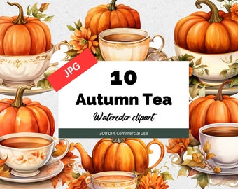 Watercolor autumn tea clipart, 10 High quality JPG, Commercial use, Instant download, Fall pumpkin tea, Thanksgiving, Halloween, Card making