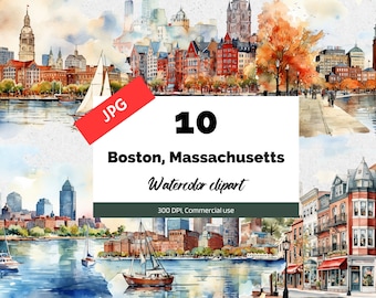 May include: A set of 10 watercolor illustrations of Boston, Massachusetts. The illustrations depict various scenes of the city, including the waterfront, buildings, and streets. The illustrations are in a soft, muted color palette and have a vintage feel.